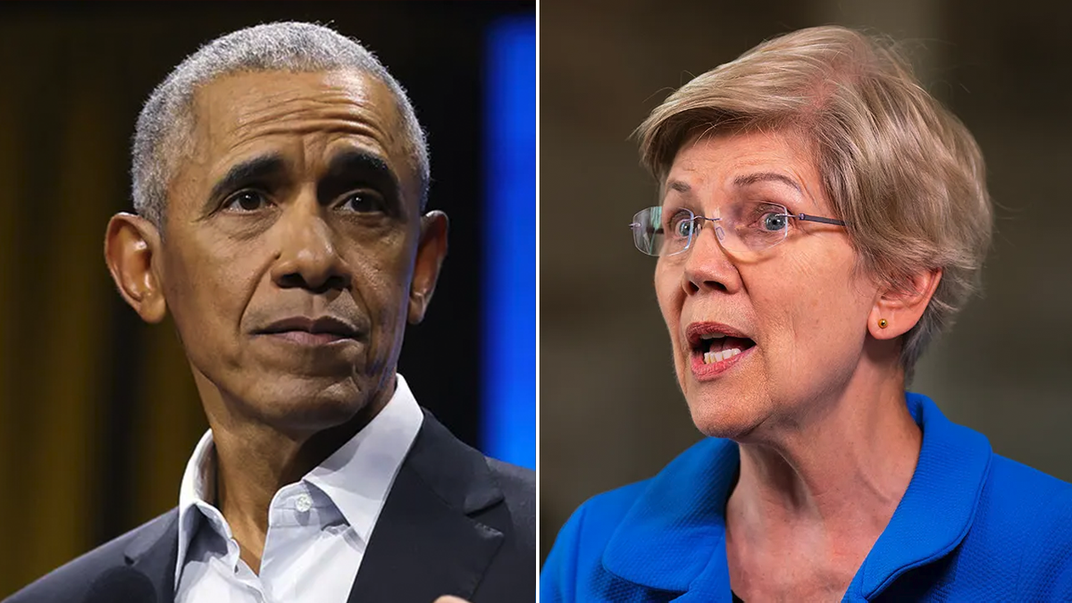 Former President Barack Obama and Mass. Sen. Elizabeth Warren split image